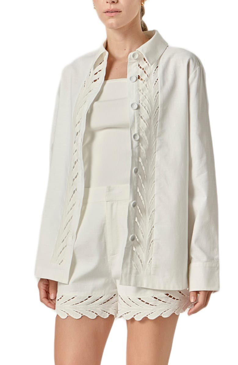 English Factory Eyelet Embroidered Oversize Linen & Cotton Button-Up Shirt, Alternate, color, Off White
