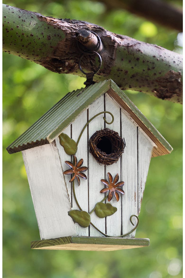 Distressed Solid Wood Decorative Outdoor Garden Birdhouse with 3D Flower or Maple, Alternate, color, Green