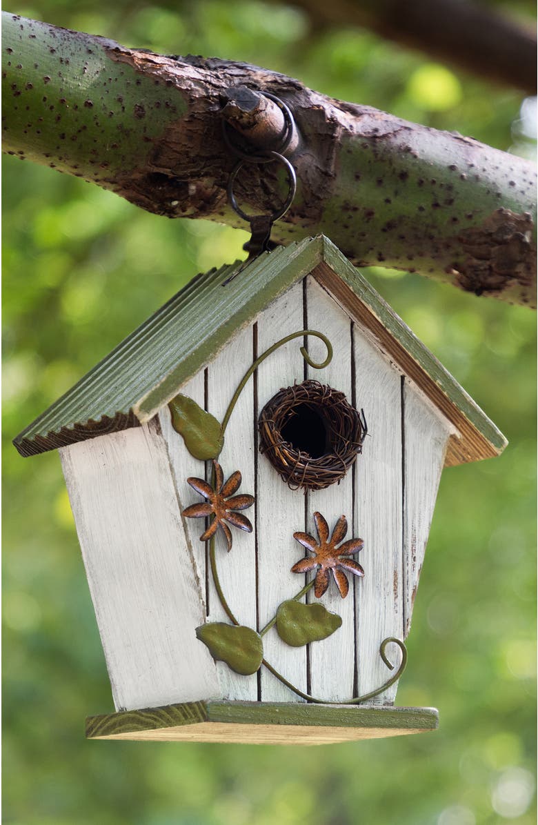 Glitzhome Distressed Solid Wood Decorative Outdoor Garden Birdhouse with 3D Flower or Maple, Alternate, color, Green