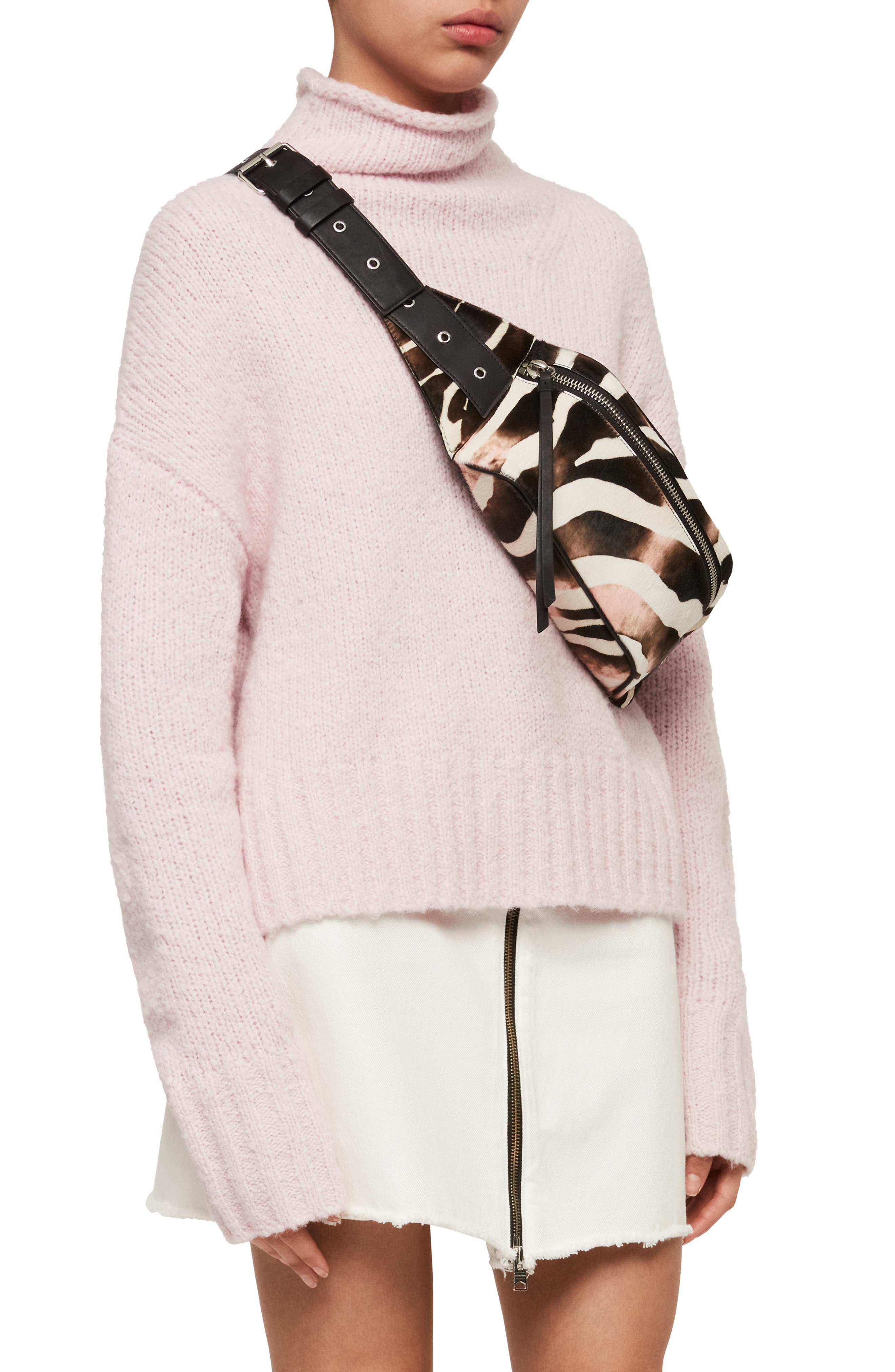 AllSaints Captain Zebra Genuine Calf Hair Belt Bag, Alternate, color, 