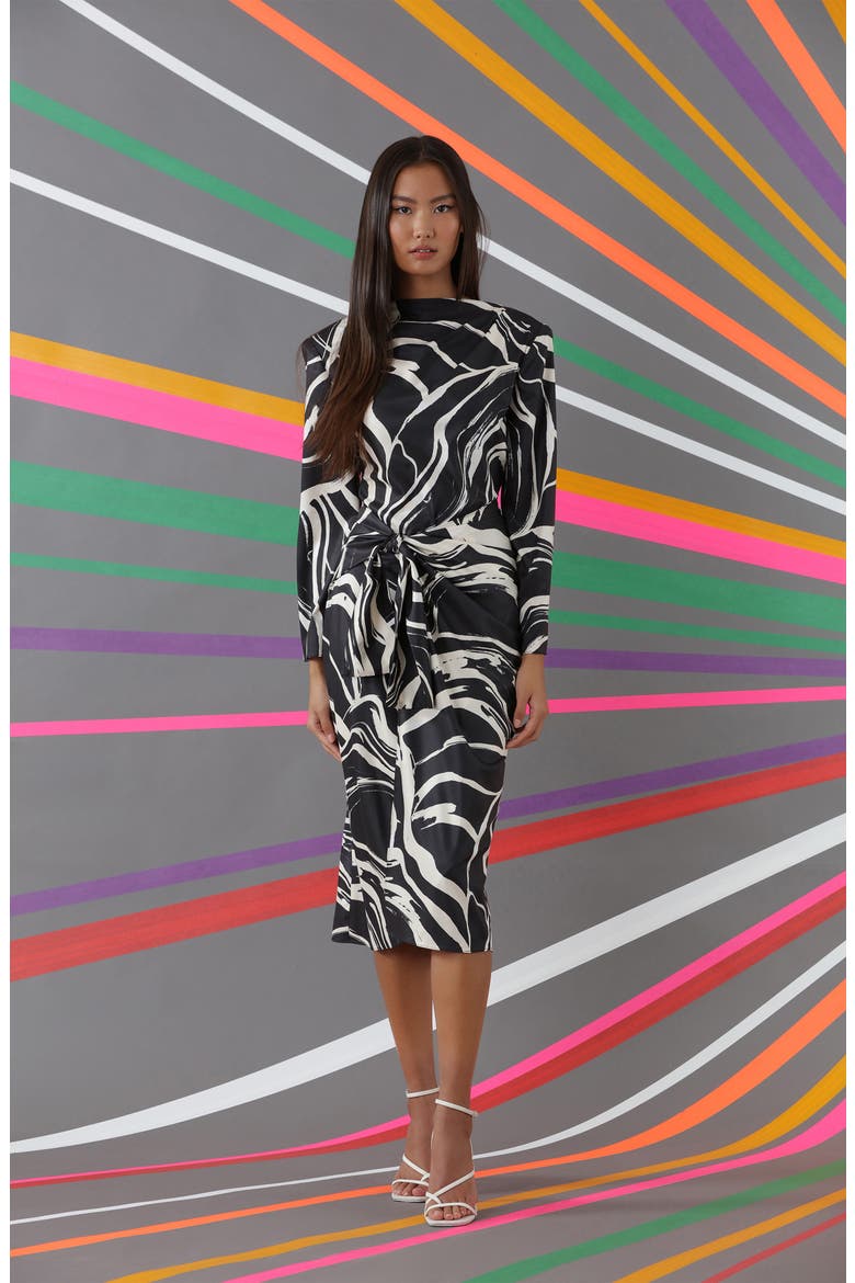 Tie Waist High Neck Long Sleeve Midi Dress, Alternate, color, BLACK/ CREAM