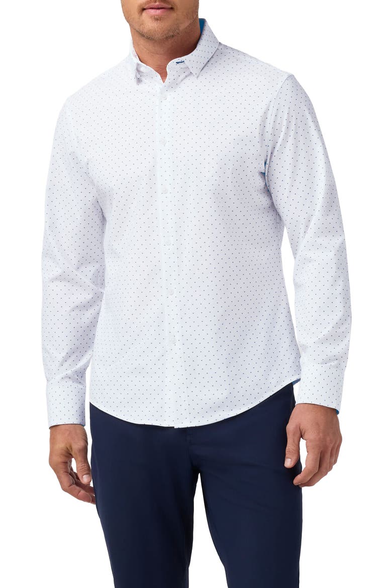 Leeward Trim Fit Neat Dot No Tuck Button-Up Shirt, Main, color, NAVY STACKED GEO