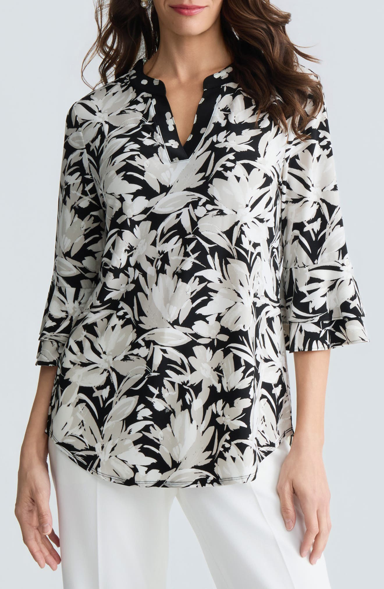 Floral Print Three-Quarter Sleeve Knit Top