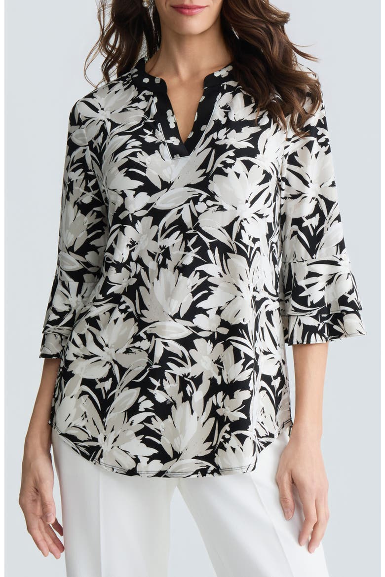 Floral Print Three-Quarter Sleeve Knit Top, Main, color, BLACK/WHITE