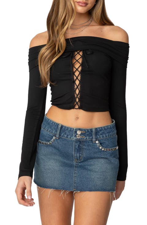 Off the Shoulder Lace Up Crop Top