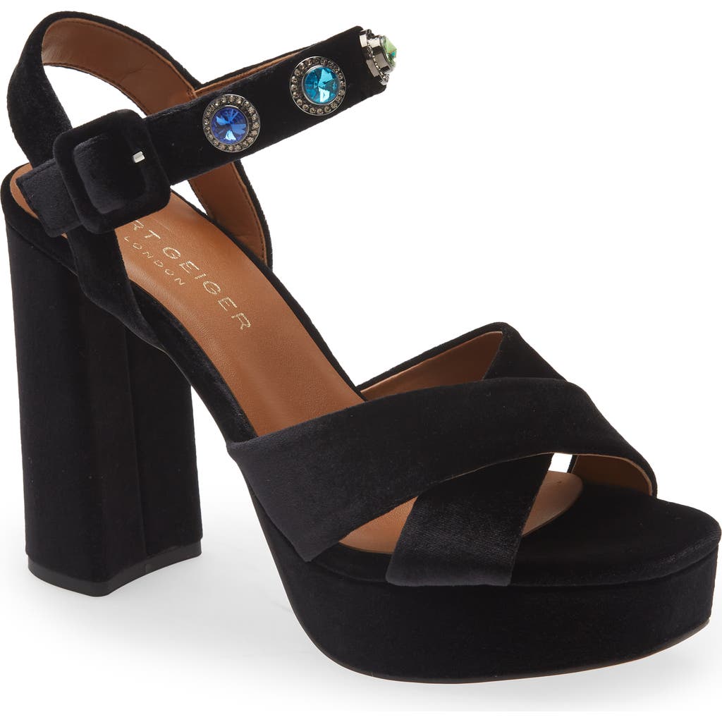 Kurt Geiger Octavia Rhinestone-embellished Velvet Platform Sandals In Charcoal