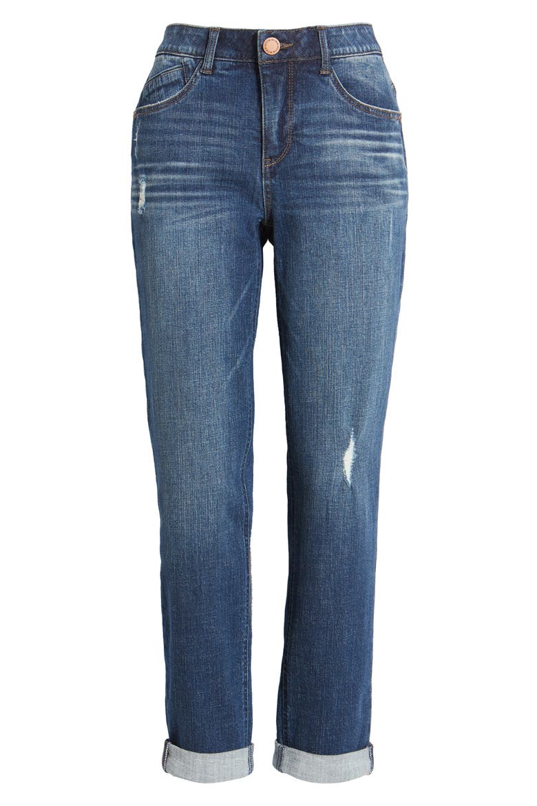 Gemma 'Ab'Solution Distressed Girlfriend Jeans, Alternate, color, BLUE