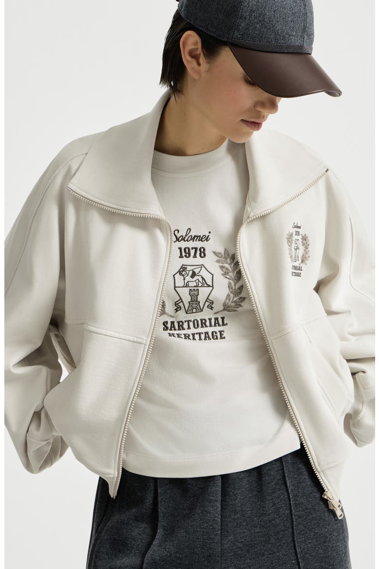 Cotton smooth French terry sweatshirt with zip and embroidered logo, Alternate, color, Milk