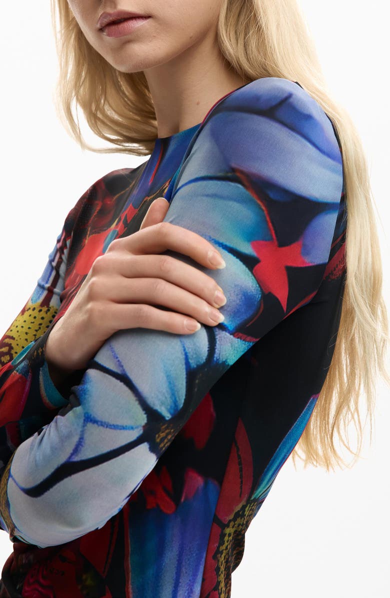 Desigual Floral Print Long Sleeve Minidress, Alternate, color, Black