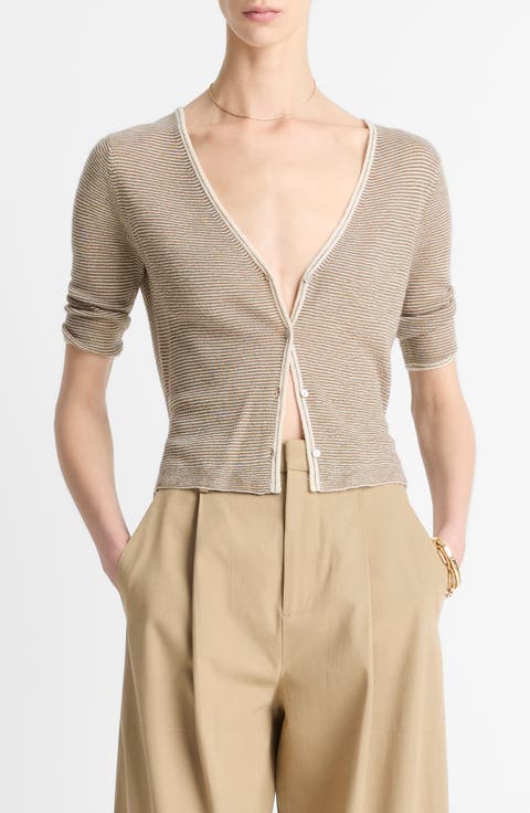 Microstripe V-Neck Cashmere & Silk Cardigan