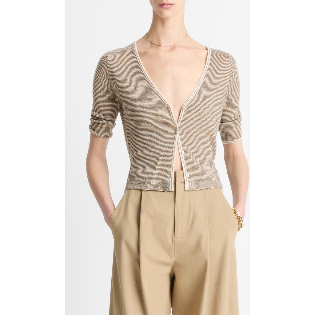 Vince Cashmere Silk Microstripe Cardigan In Gray