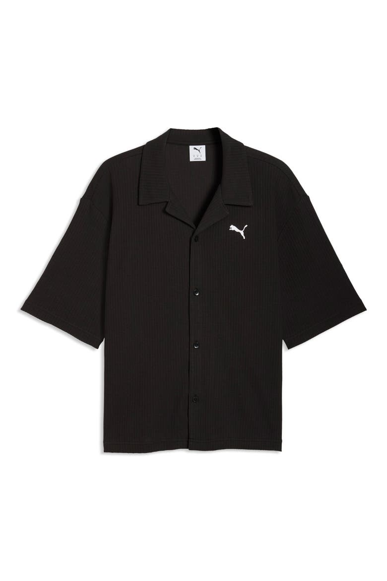 Wardrobe Essentials Waffle Knit Boxy Button-Up Shirt, Alternate, color, PUMA BLACK