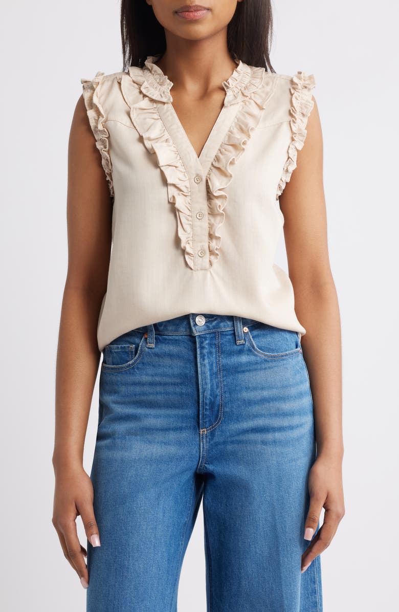 Wit & Wisdom Ruffle Accent Sleeveless Top, Main, color, Macadamia