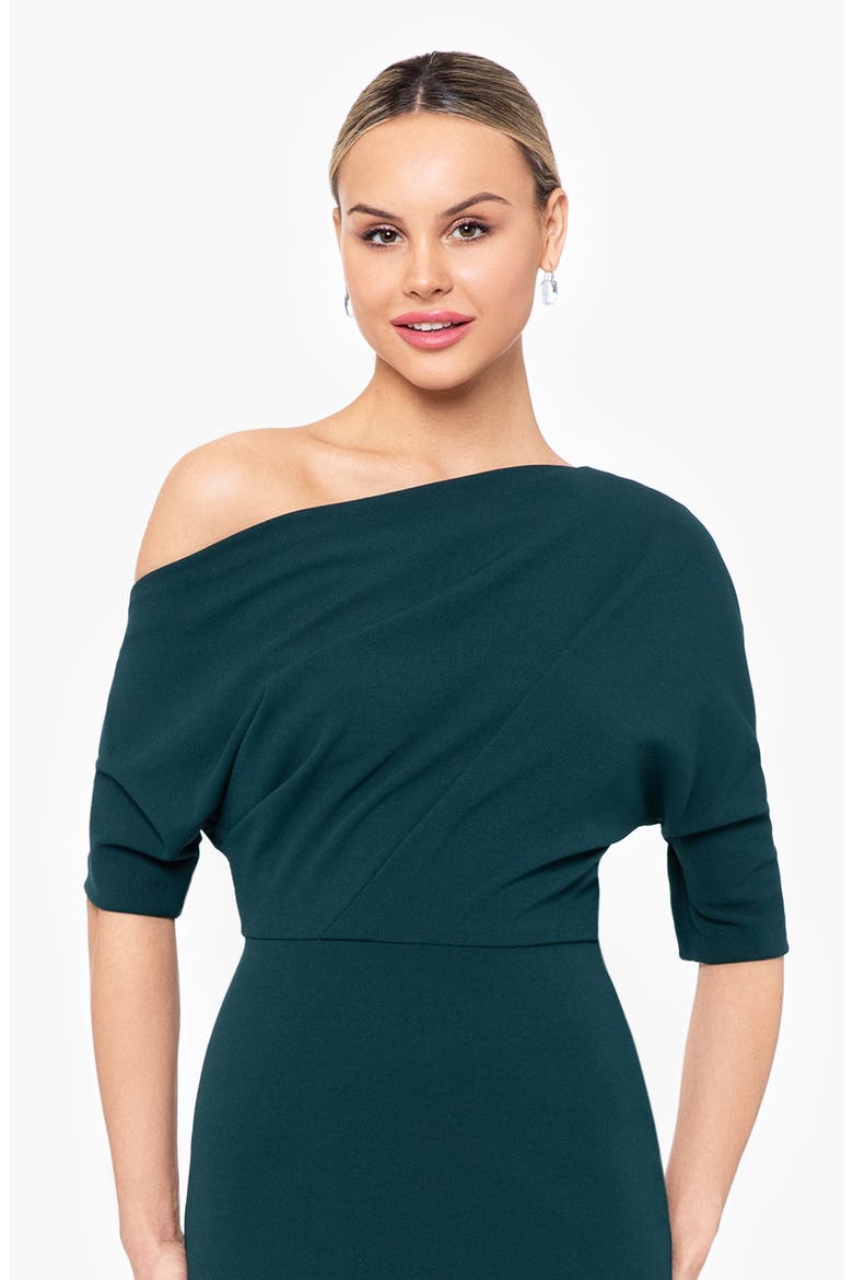 One-Shoulder Crepe Scuba Trumpet Gown, Alternate, color, PINE