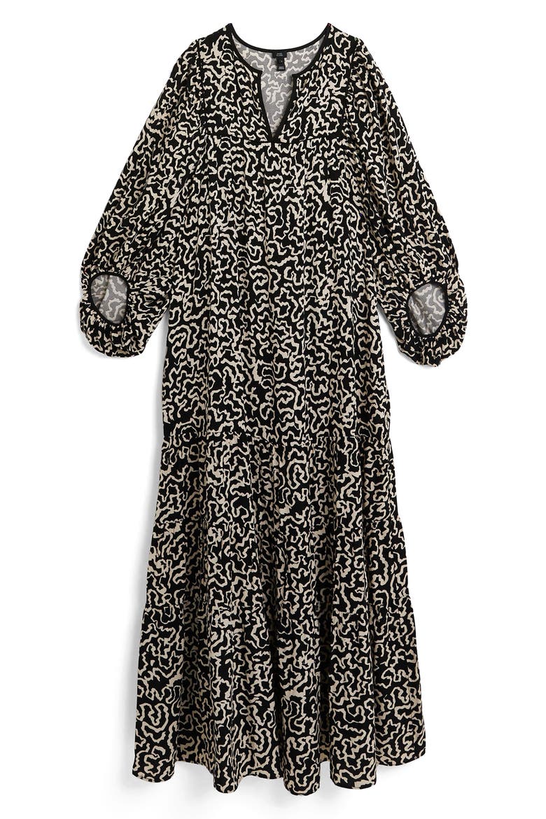Squiggle Balloon Sleeve Midi Dress, Alternate, color, BLACK