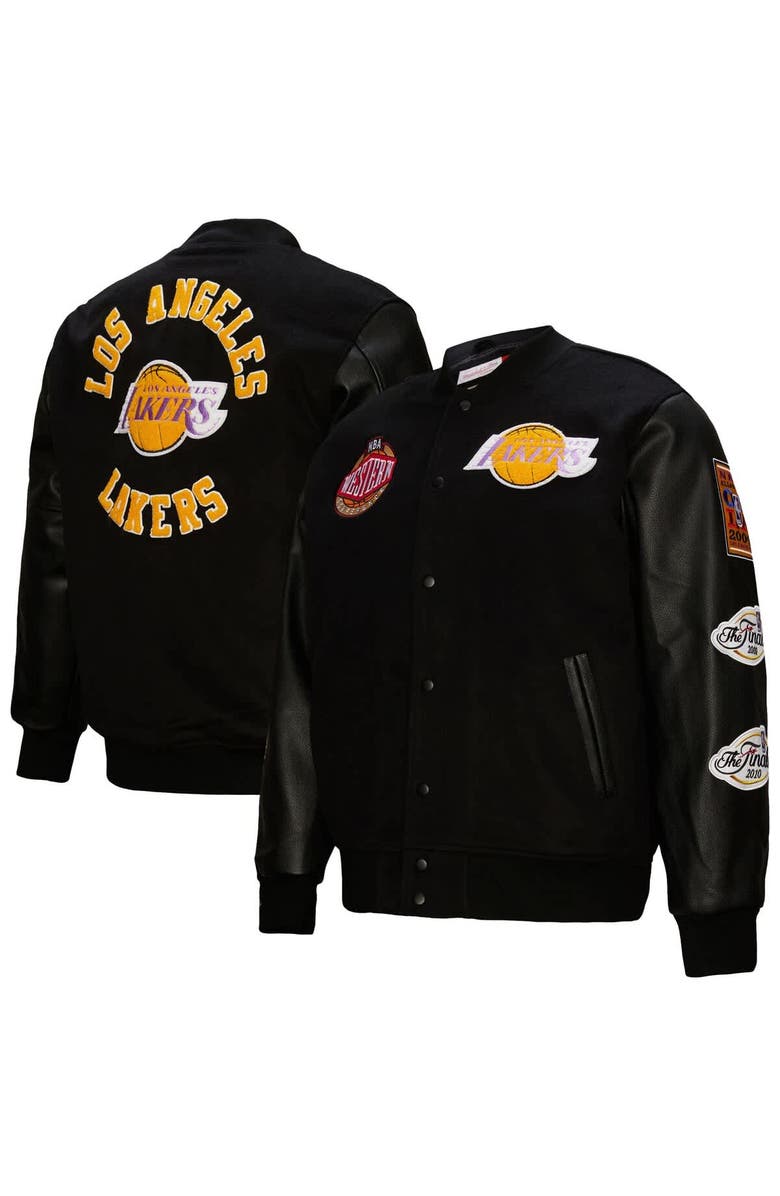 Mitchell & Ness Men's Mitchell & Ness  Black Los Angeles Lakers Hardwood Classics Blackout Collection Full-Snap Varsity Jacket, Alternate, color, 