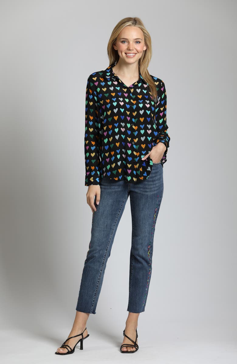 APNY Abstract Print Roll Tab Sleeve Chiffon Button-Up Shirt, Alternate, color, Black Heart Multi