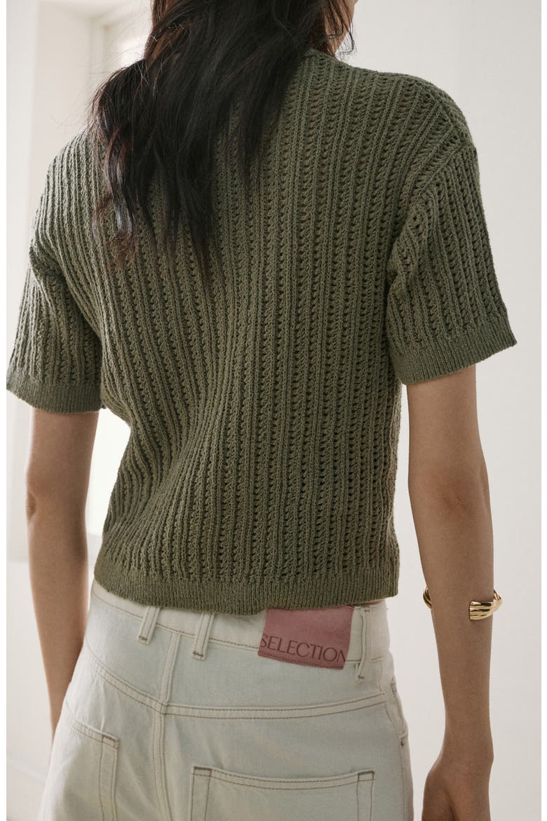 Openwork Sweater Polo, Alternate, color, KHAKI GREEN