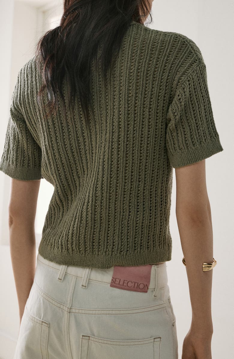 MANGO Openwork Sweater Polo, Alternate, color, Khaki Green