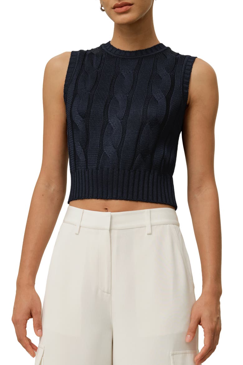 Women's Cable Knit Tussah Silk Cropped Top, Main, color, Navy Blue