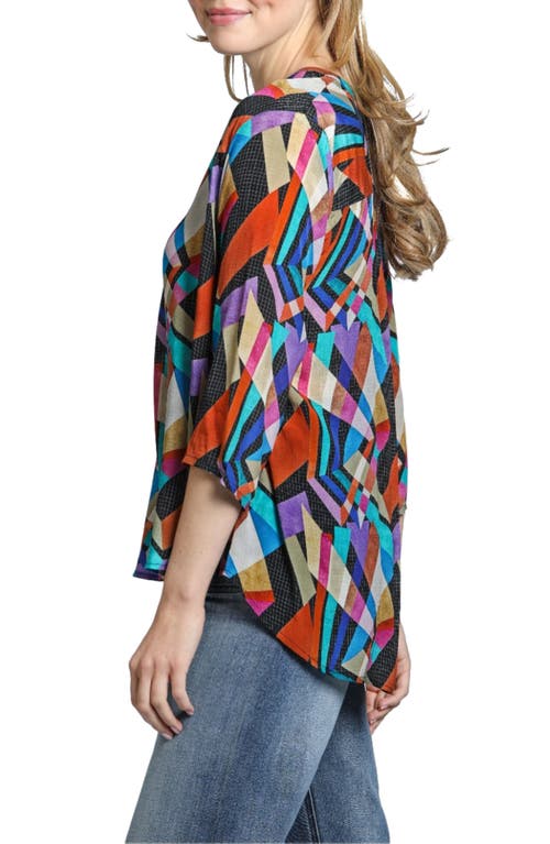 Apny Print Tassel Split Neck Chiffon Top In Black/rust Multi