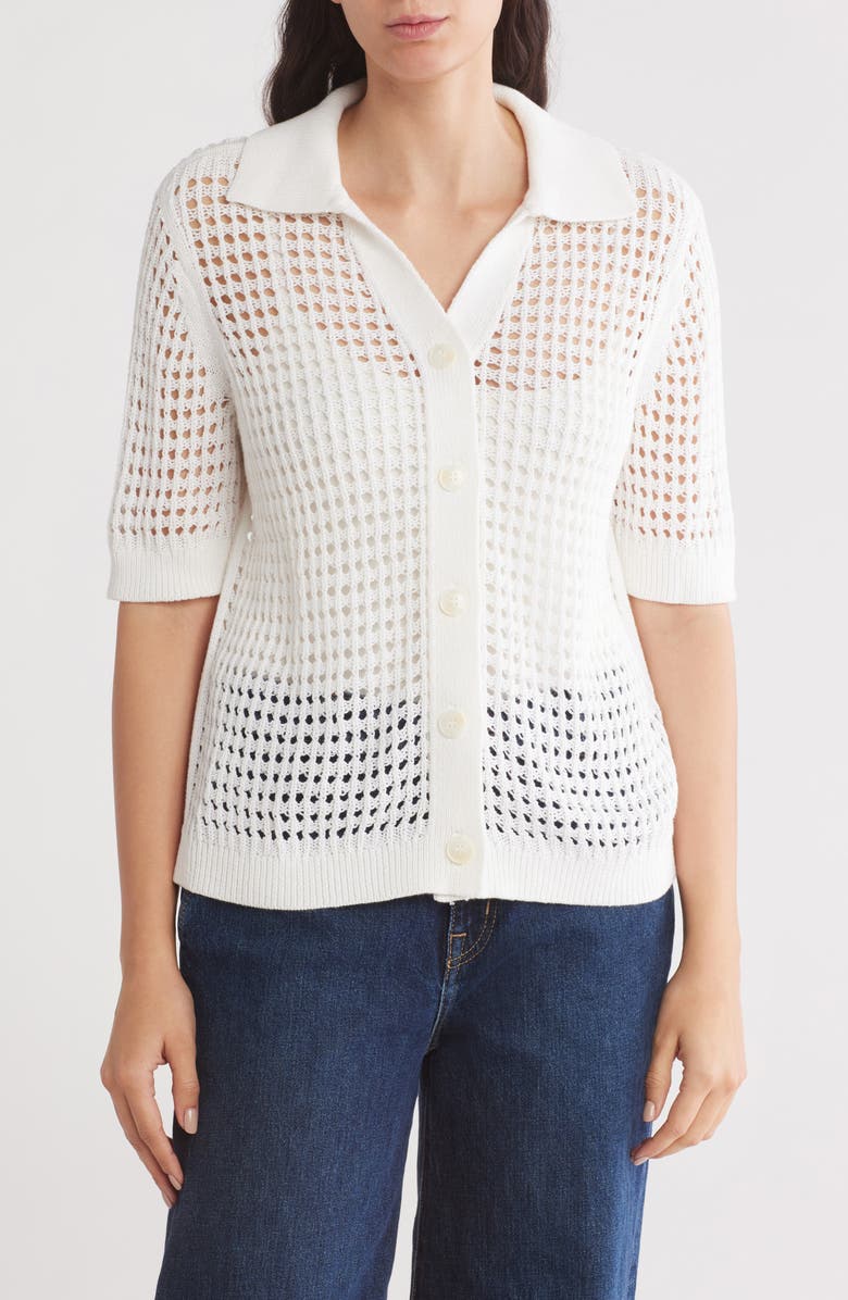 Design History Crochet Short Sleeve Button-Up Sweater, Main, color,