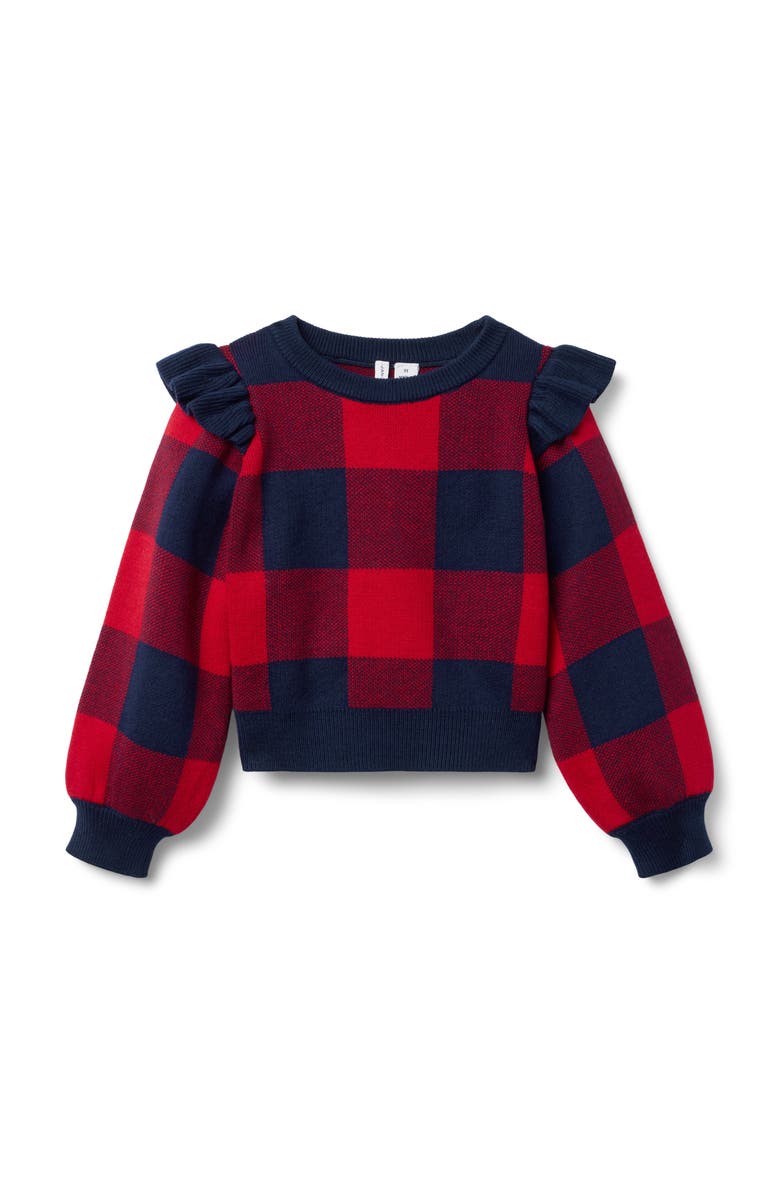 Janie and Jack Plaid Ruffle Shoulder Sweater, Main, color, Red