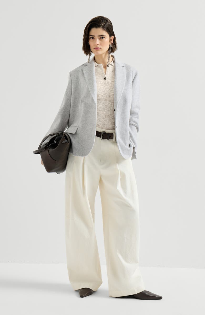Brunello Cucinelli Silk, alpaca and wool flower lace knit polo, Alternate, color, Fog