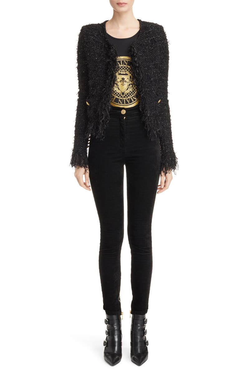 Balmain Fringe Trim Sweater Jacket, Alternate, color,