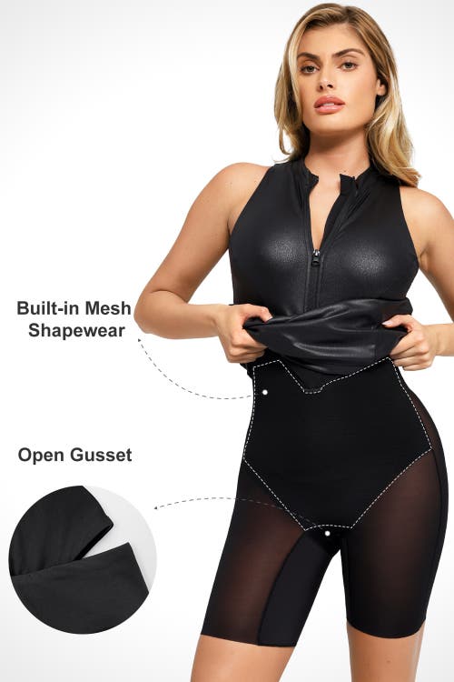 Popilush Shapewear Sculpting Faux Leather Zip Front Midi Dress In Onyx