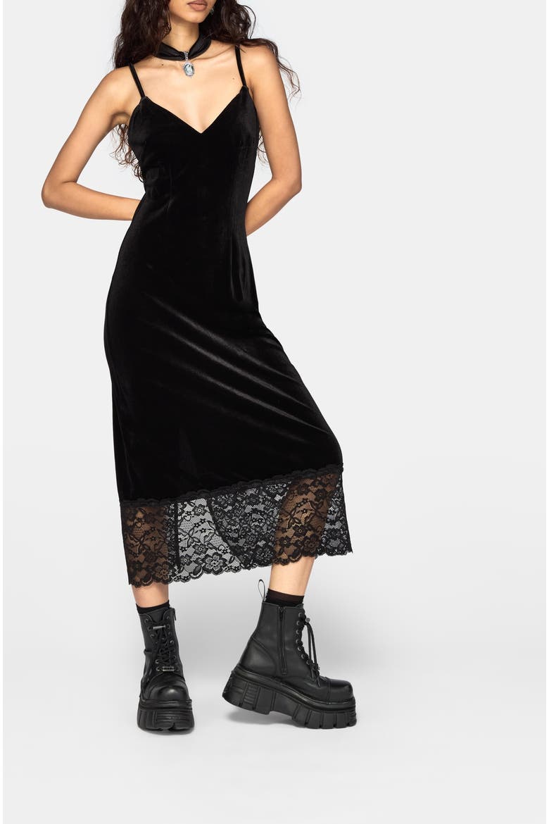 Cathy Velour Lace Hem Cami Midi Dress, Alternate, color, Black