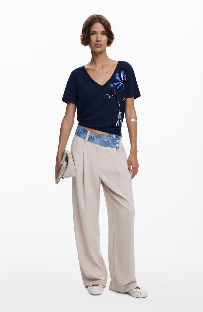 Desigual Floral V-Neck Cotton Graphic T-Shirt, Alternate, color, Dark Blue