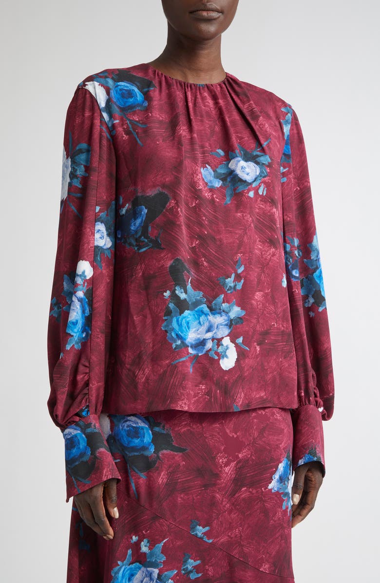 Erdem Abstract Rose Print Long Sleeve Top, Alternate, color, Abstract Rose Mulberry Red