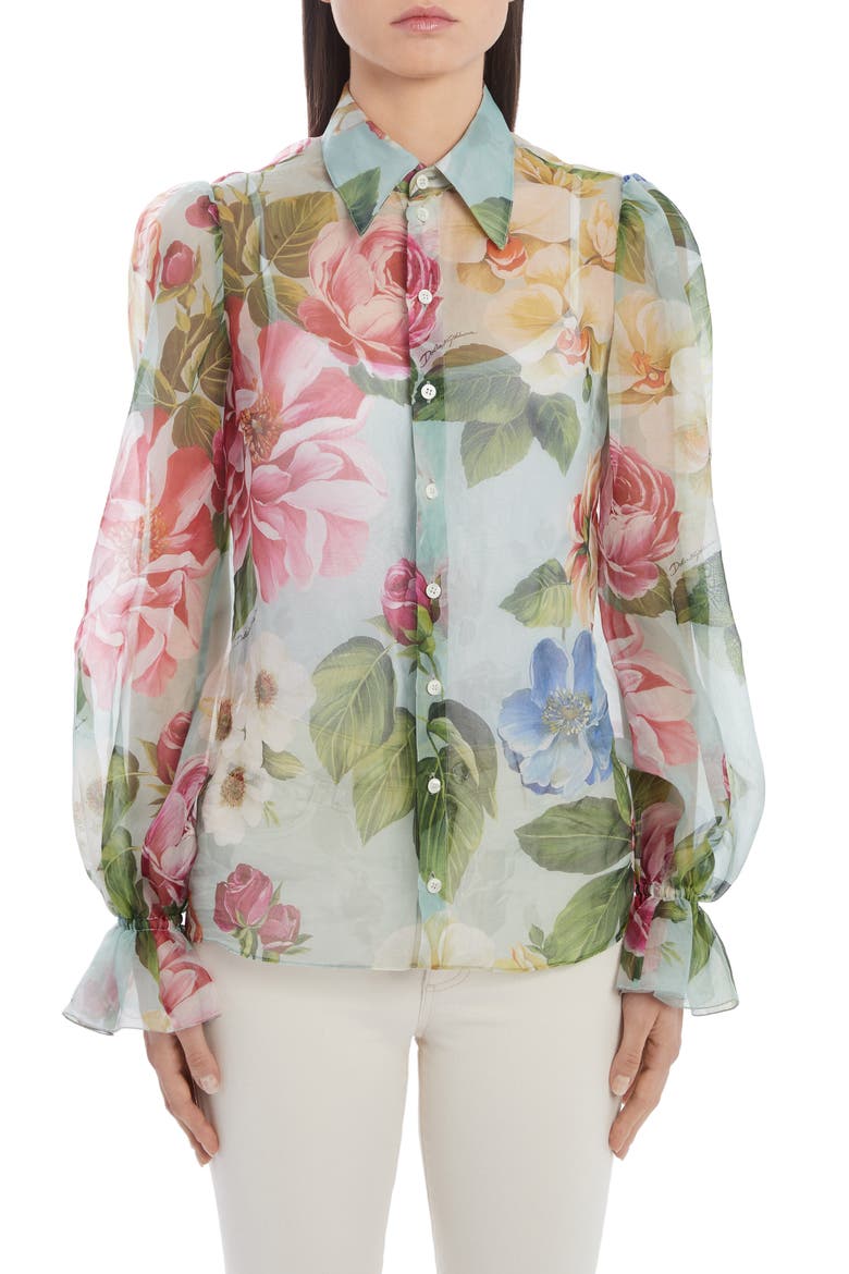 Floral Print Balloon Sleeve Silk Organza Blouse, Main, color, BLUE FLORAL