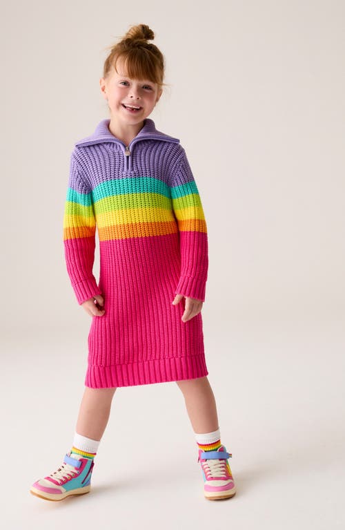 LITTLE BIRD LITTLE BIRD KIDS' RAINBOW STRIPE LONG SLEEVE COTTON QUARTER ZIP SWEATER DRESS 