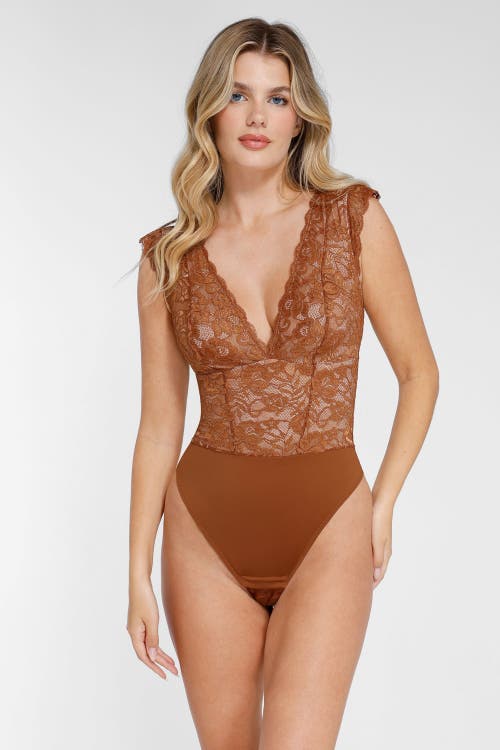 Popilush Shapewear Sculpting Lace Bodysuit Or Midi Skirt Or Shrug In Chocolate