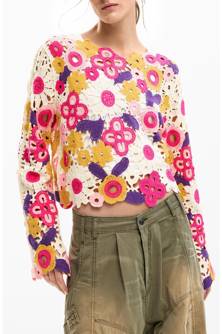 Floral Crop Cotton Blend Crochet Sweater, Main, color, OFF WHITE
