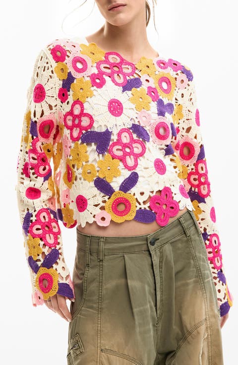 Floral Crop Cotton Blend Crochet Sweater