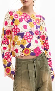 Desigual Floral Crop Cotton Blend Crochet Sweater
