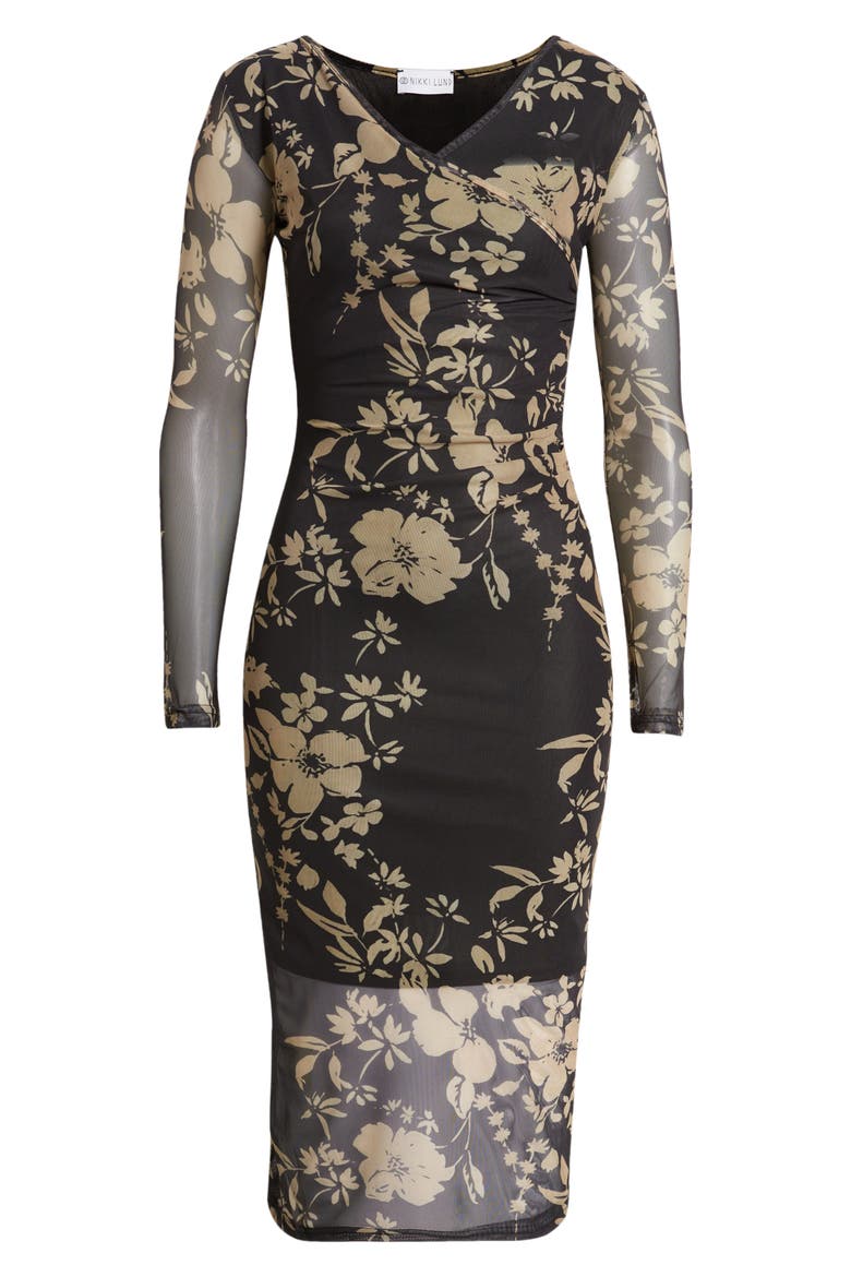 Britt Floral Print Long Sleeve Mesh Maxi Dress, Alternate, color, BLACK