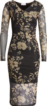 NIKKI LUND Britt Floral Print Long Sleeve Mesh Maxi Dress