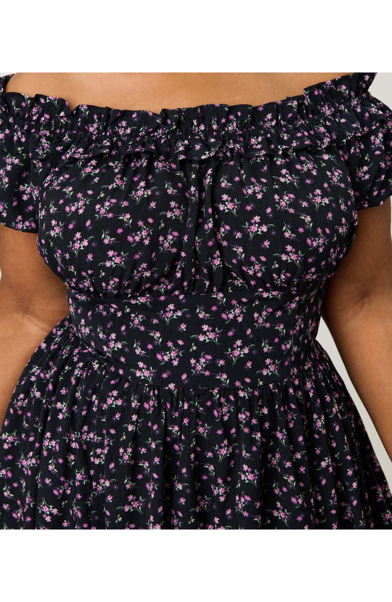 Unique Vintage Plus Size 1950s Off The Shoulder Ruffle Swing Dress, Alternate, color, Black W/ Purple Floral Print