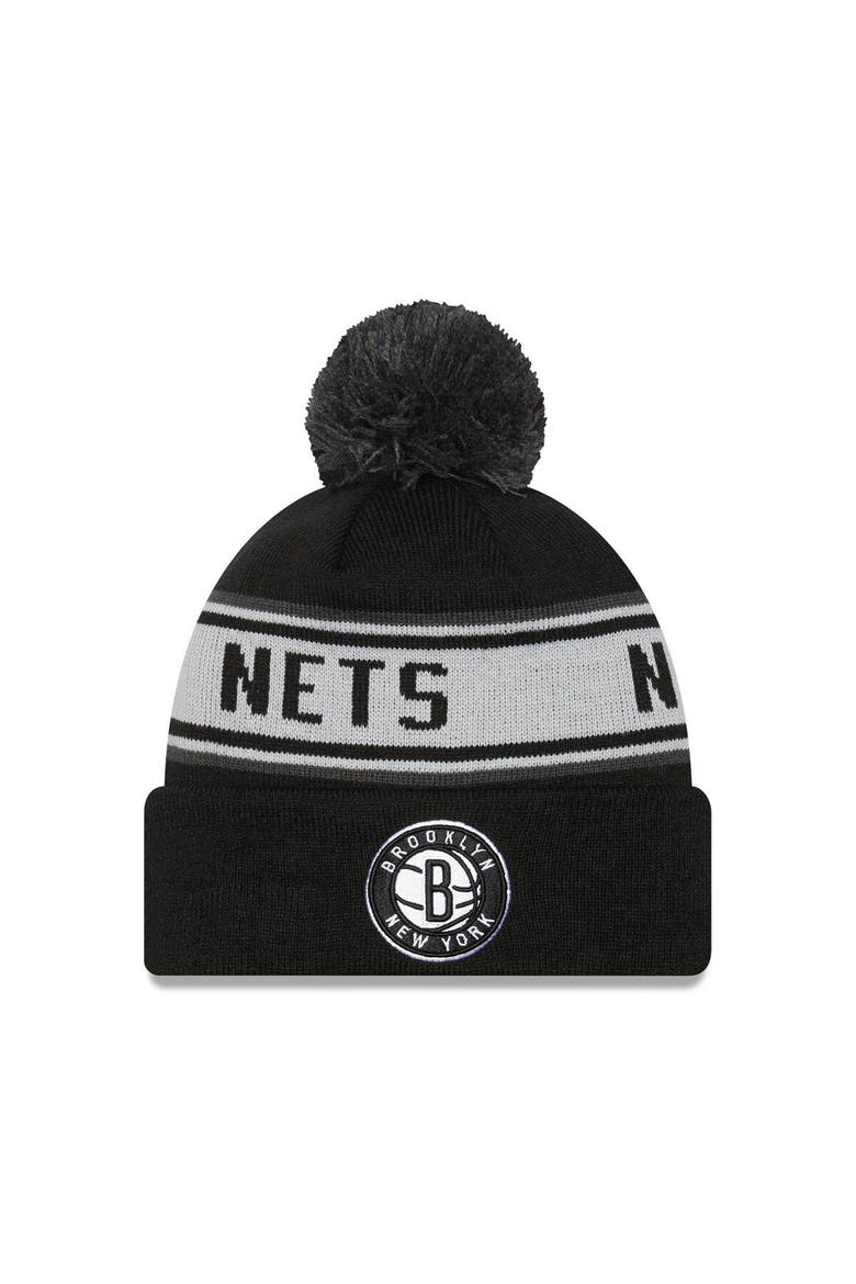 Men's New Era Black Brooklyn Nets Repeat Cuffed Knit Hat with Pom, Main, color, Black