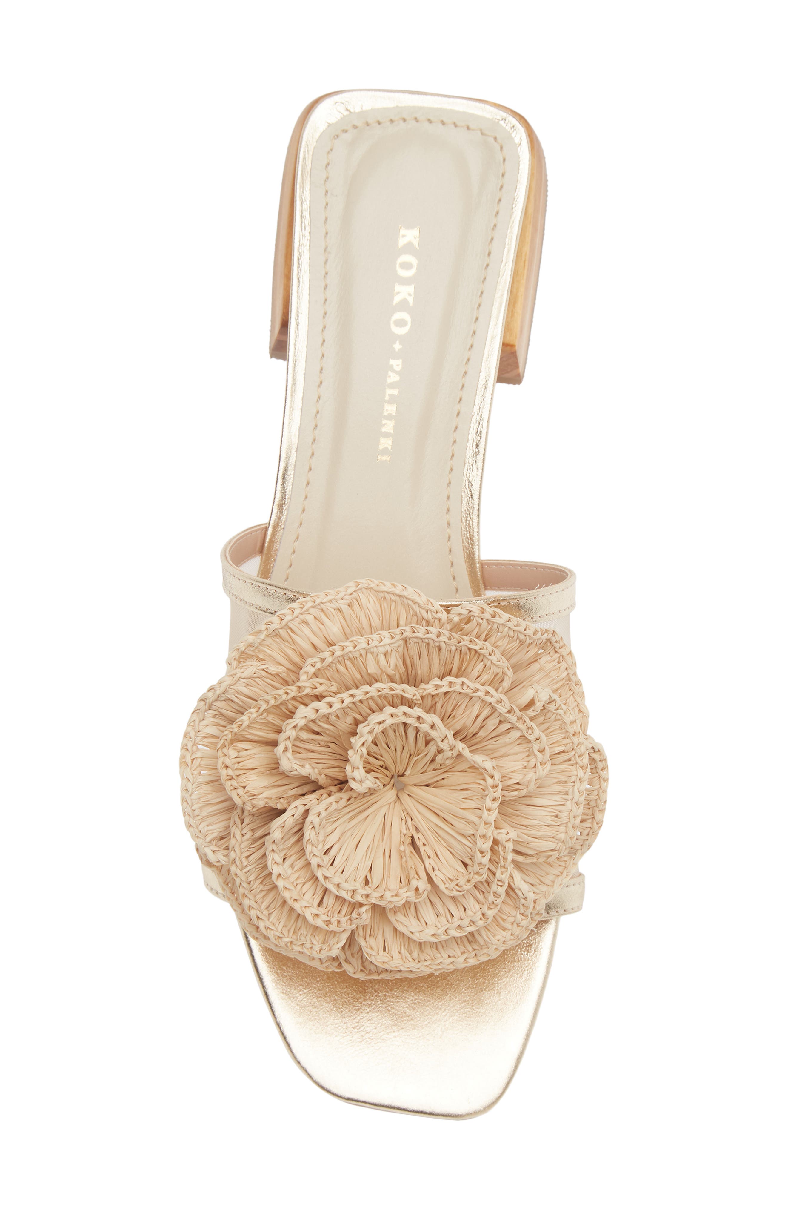 KOKO + PALENKI Ana Slide Sandal, Alternate, color, Gold Light-Raffia Flower