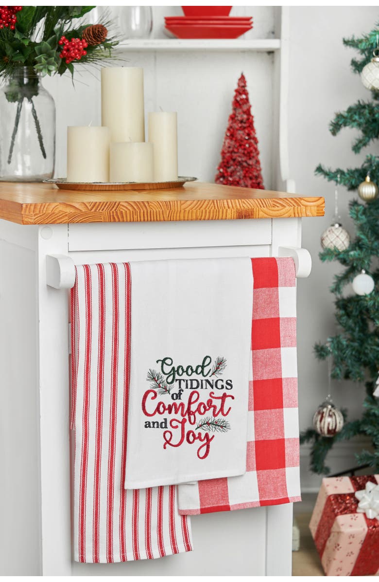 C&F Home "Good Tidings of Comfort & Joy" 100% Cotton Embroidered Flour Sack Christmas Dishtowel, Alternate, color, Red