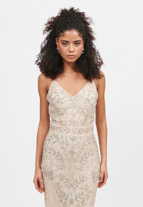 Beauut Embellished Sequin Beaded V Neck With Straps Maxi Dress In Cream