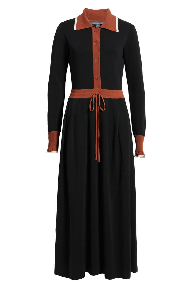 Tipped Long Sleeve Drawstring Waist Sweater Dress, Alternate, color, BLACK/ CAMEL