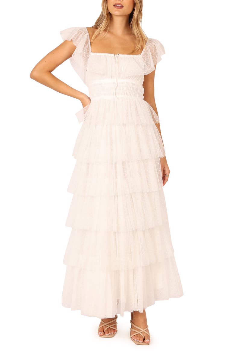 Belle Swiss Dot Tulle Tiered Maxi Dress, Main, color, OFF WHITE