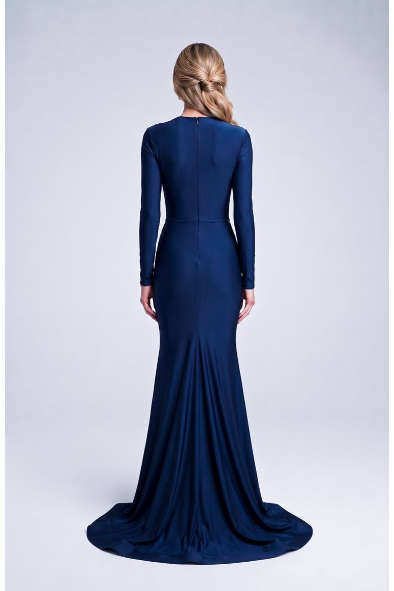 Ruched Long Sleeve Slit Mermaid Gown, Alternate, color, Navy