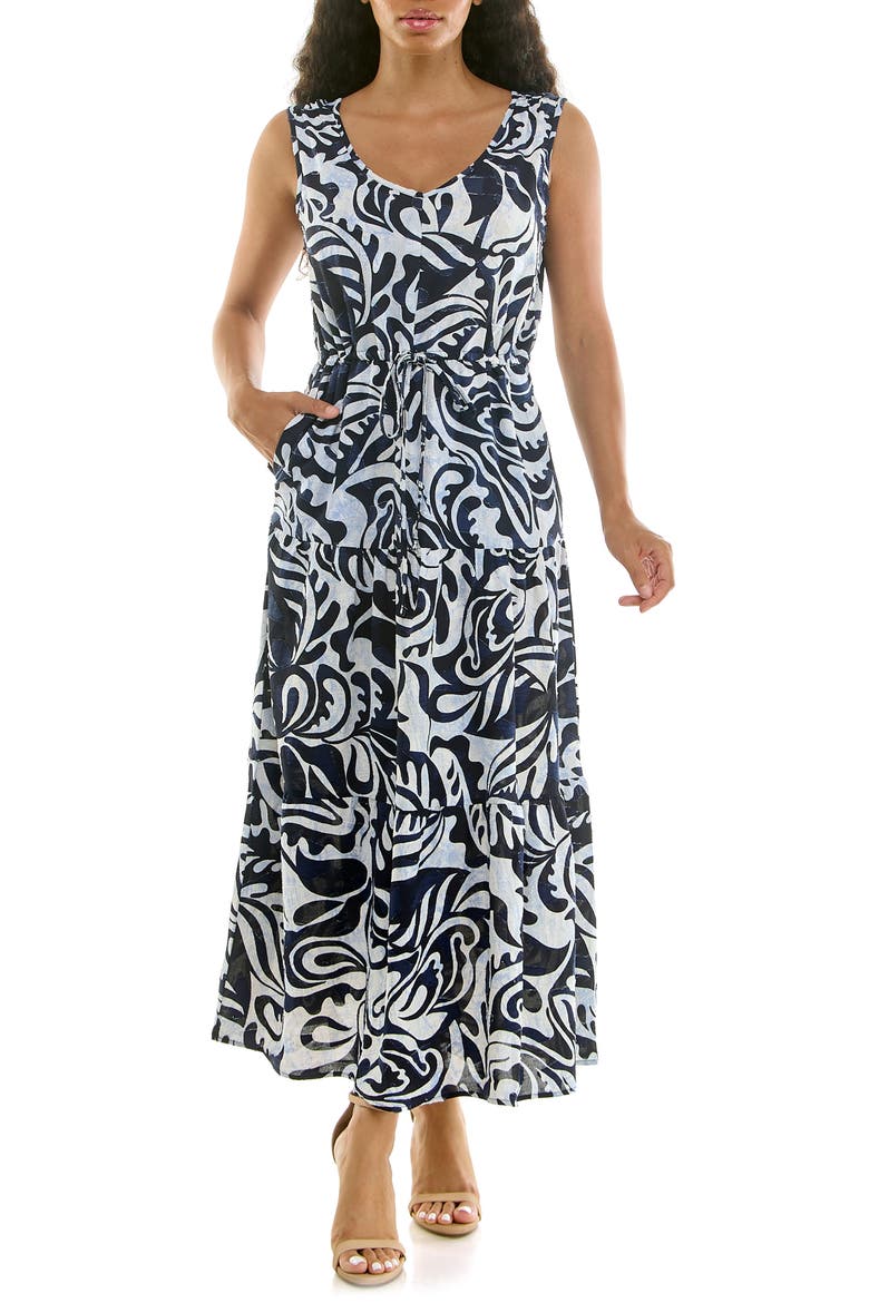 Sleeveless Tiered Maxi Dress, Main, color, NAVY MULTI